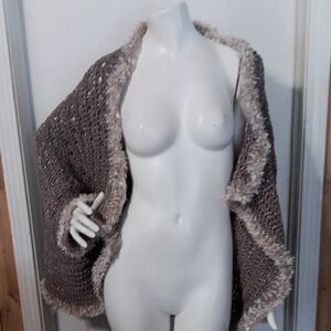 Cozy Knit Batwing Shawl with Faux Fur Trim One Size
